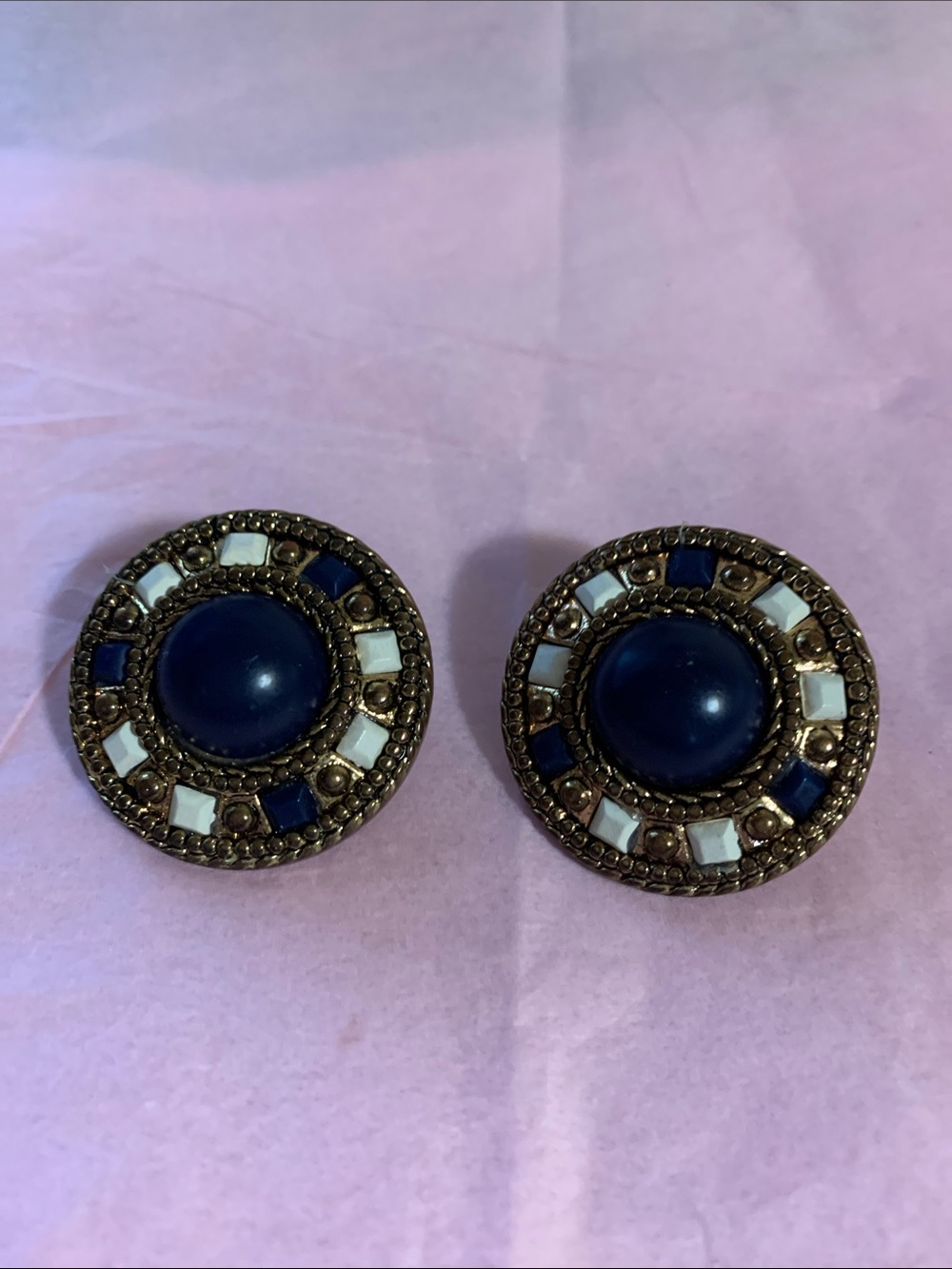 Gold-Tone Navy and White Round Statement Earrings - Women Jewelry